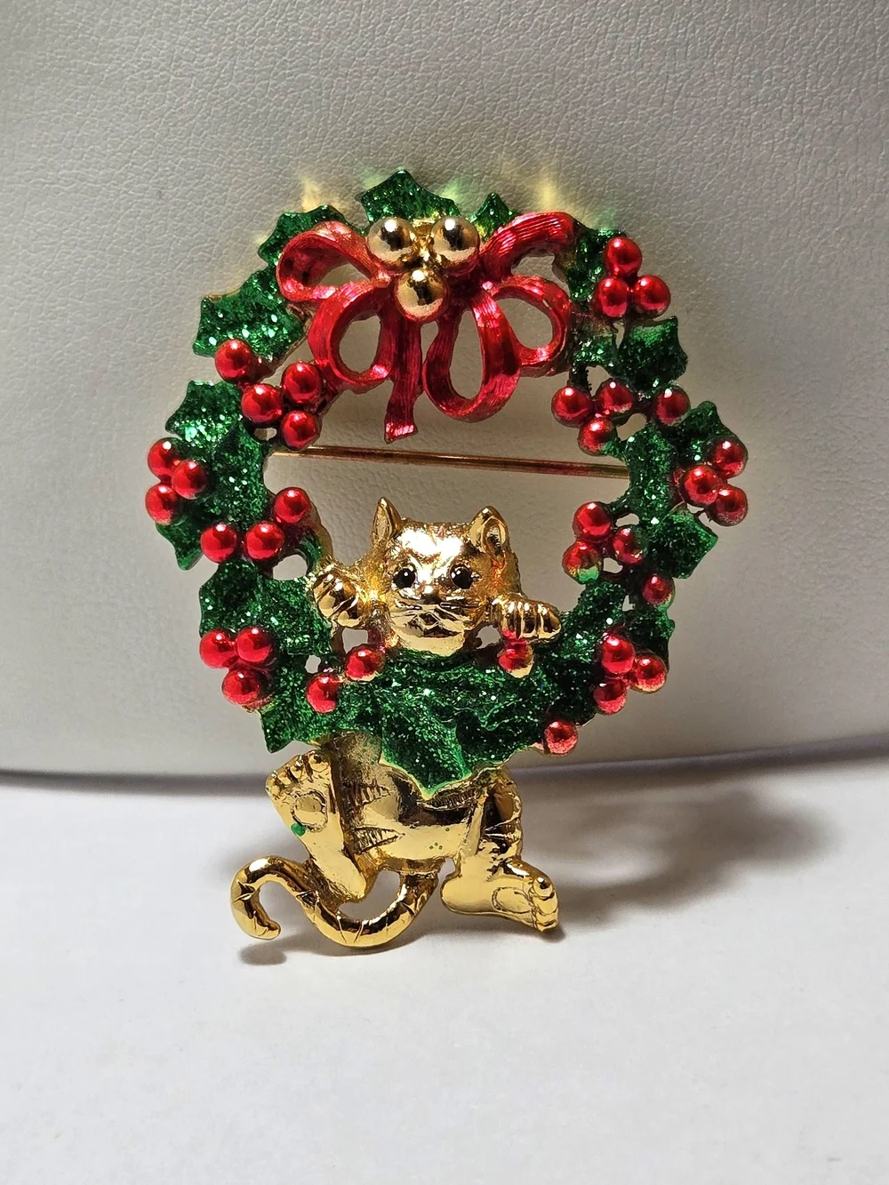 AJC Gold Cat Wreath Holiday Brooch - Green and Red Enamel